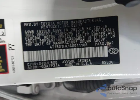 2012 Toyota Camry Hybrid Xle из США, поврежденный, VIN 4T1BD1FK1CU011108